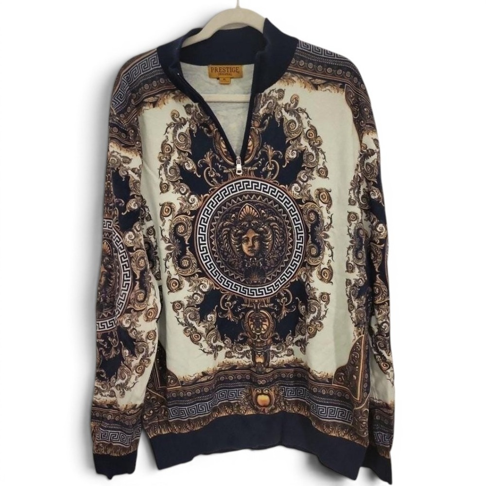 Vintage Baroque Scroll Print Sweatshirt Navy & Gold Oversized Womens XL Crewneck